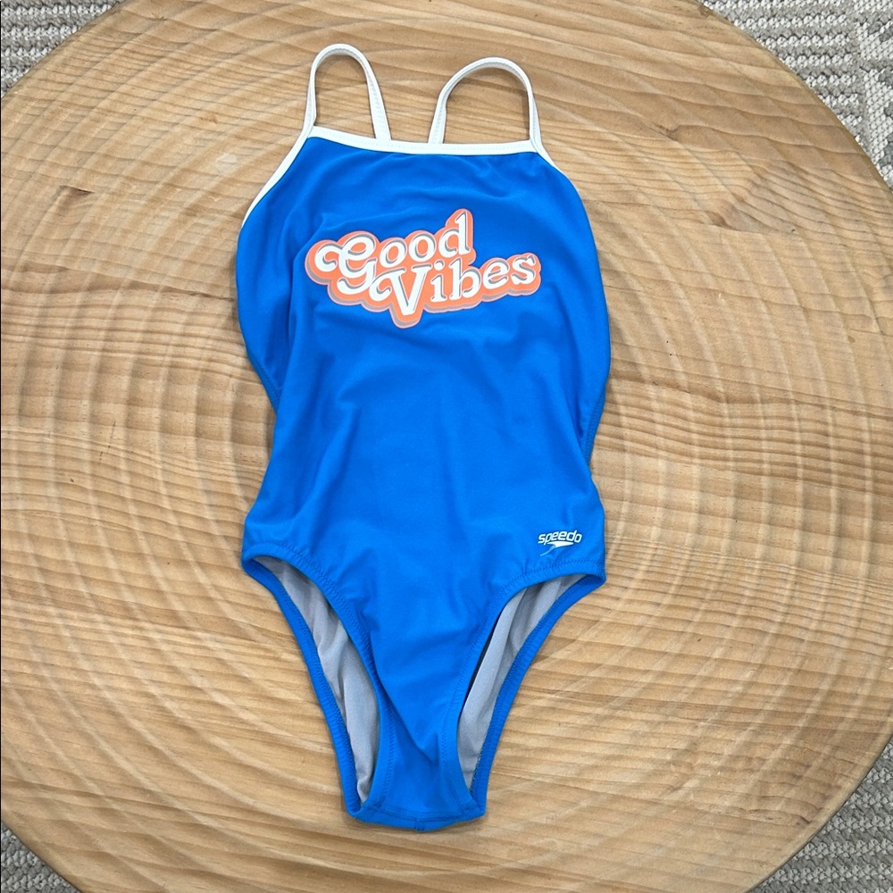 Speedo Blue One-Piece Swimsuit with Orange 'Good Vibes' Graphic Kids